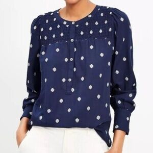 NWT LOFT Navy White Snowflake Embroidery Smocked Tunic Split Neck Blouse